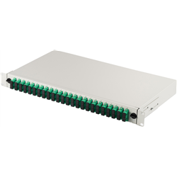 FO patch panel with 19'' 1U equipment, 24x SC APC dx, OS2, pigtails, adapters, trays, gray