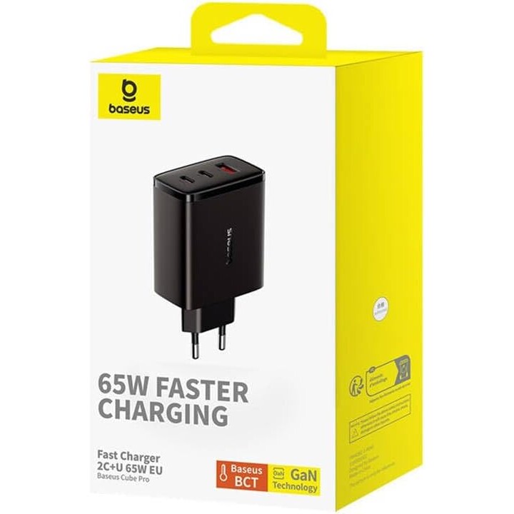 Carregador de viagem Baseus Cube Pro GaN Carregador rápido C+C+U, 65W, preto UE