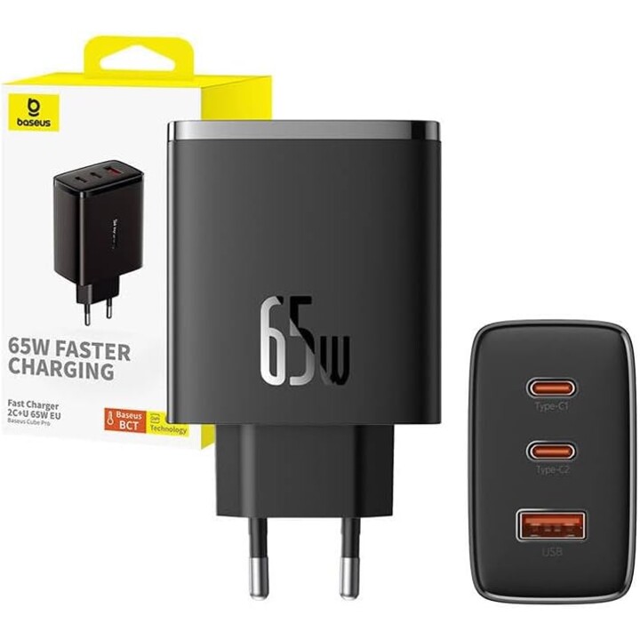 Carregador de viagem Baseus Cube Pro GaN Carregador rápido C+C+U, 65W, preto UE
