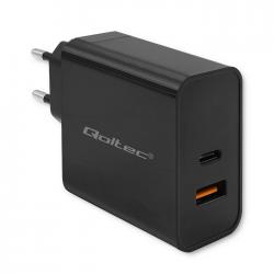 Qoltec 52381 Cargador PD súper rápido | 1xUSB-C | 1xUSB| 90W | 5-20V | 2,4-4,35A | Negro