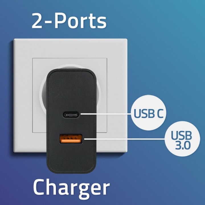 Qoltec 52381 Cargador PD súper rápido | 1xUSB-C | 1xUSB| 90W | 5-20V | 2,4-4,35A | Negro