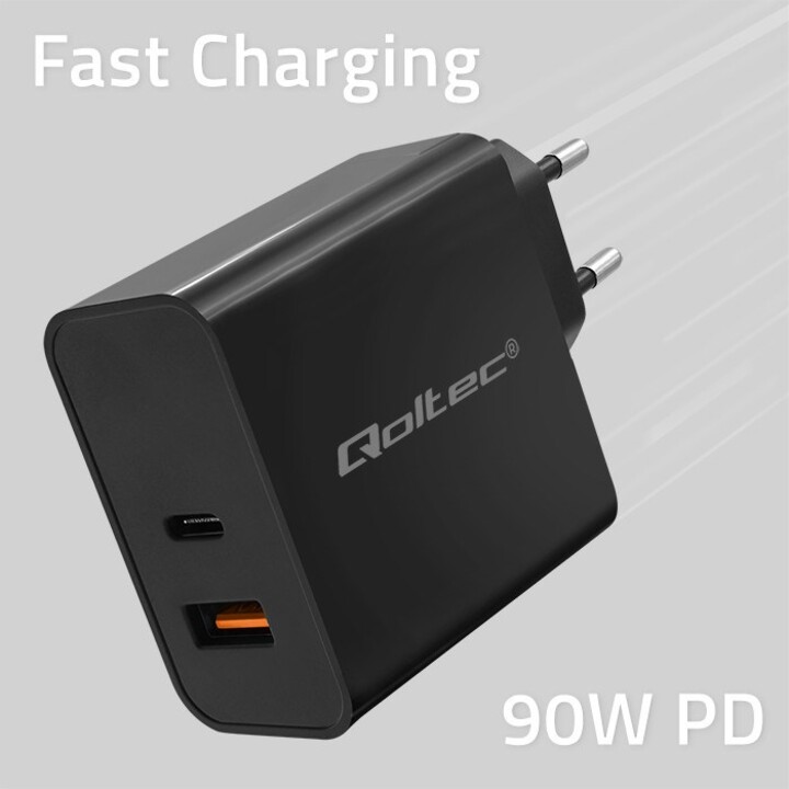 Qoltec 52381 Cargador PD súper rápido | 1xUSB-C | 1xUSB| 90W | 5-20V | 2,4-4,35A | Negro