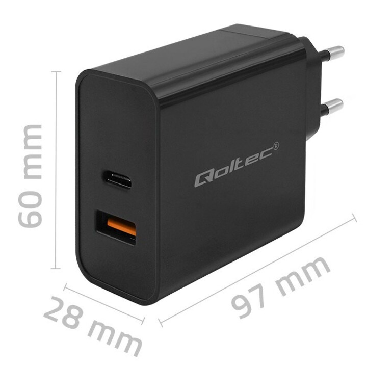 Qoltec 52381 Cargador PD súper rápido | 1xUSB-C | 1xUSB| 90W | 5-20V | 2,4-4,35A | Negro