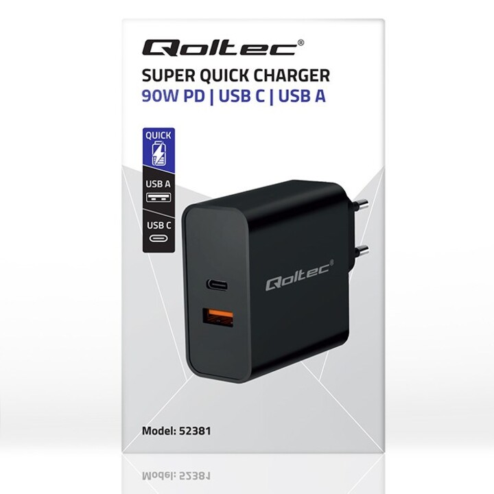 Qoltec 52381 Cargador PD súper rápido | 1xUSB-C | 1xUSB| 90W | 5-20V | 2,4-4,35A | Negro