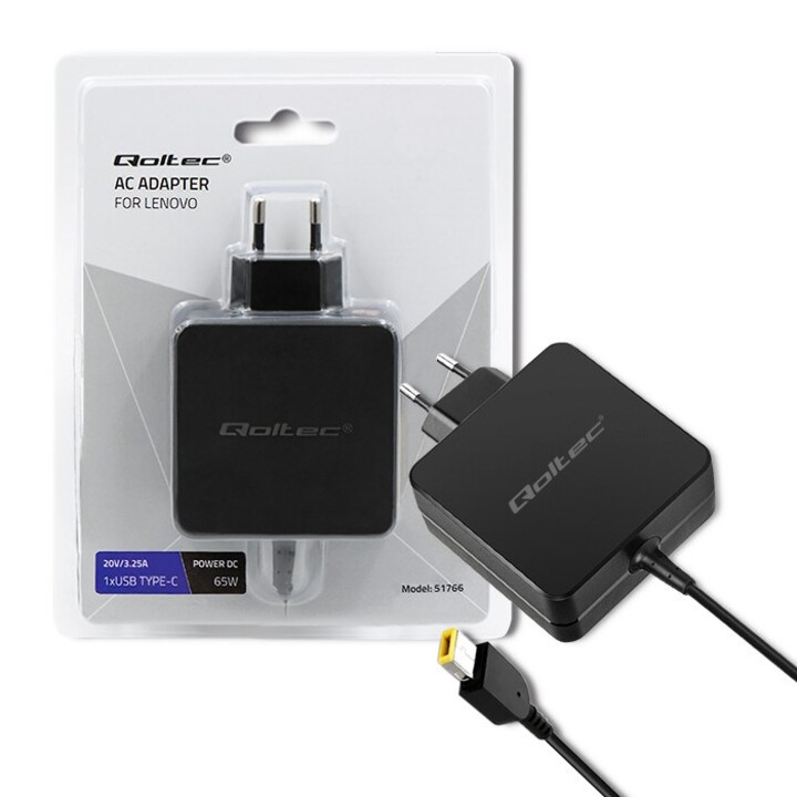 Qoltec 51766 Adaptador de corriente para Lenovo 65W | 20 V | 3,25 A | Punta delgada + pasador