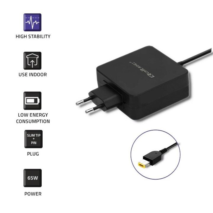 Qoltec 51766 Adaptador de corriente para Lenovo 65W | 20 V | 3,25 A | Punta delgada + pasador