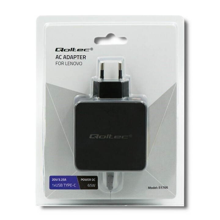 Qoltec 51766 Adaptador de corriente para Lenovo 65W | 20 V | 3,25 A | Punta delgada + pasador