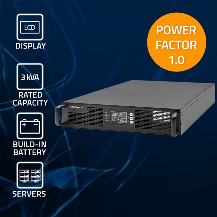 Qoltec 52287 UPS Uninterruptible Power Supply for RACK | 3kVA | 3000W | Power factor 1.0 | LCD | OEP | USB | In