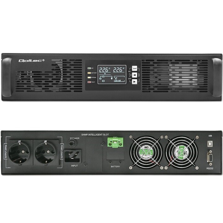 Fonte de alimentação ininterrupta UPS Qoltec 52287 para RACK | 3kVA | 3000W | Fator de potência 1,0 | LCD | EPO | USB | Em