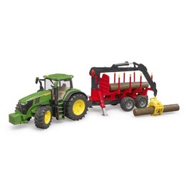 Trator John Deere 7R 350 com reboque incl. guindaste e 4 toras de madeira 03154 BRUDER