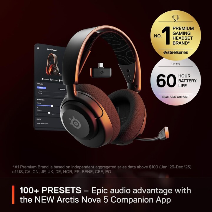 SteelSeries Arctis Nova 5 Wireless - Cuffie da gioco - Driver magnetici al neodimio - Oltre 100 preimpostazioni audio - Batteria
