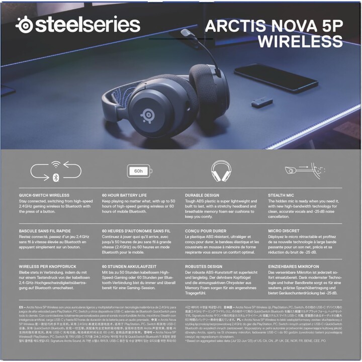 SteelSeries Arctis Nova 5P Casque de jeu sans fil PS5 - Pilotes magnétiques en néodyme - Plus de 100 préréglages audio