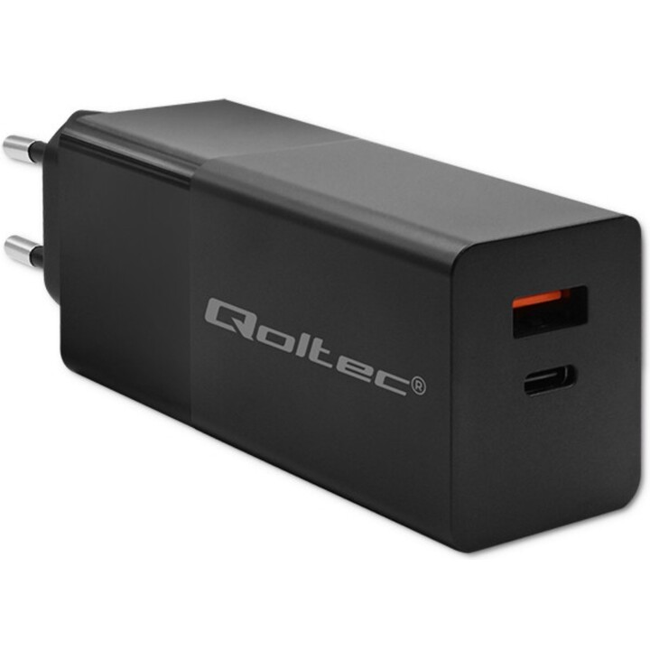 Qoltec GaN POWER PRO Ladegerät | 1xUSB-C | 1xUSB | 100W | 5-20V | 1,5-5A | XP | Schwarz