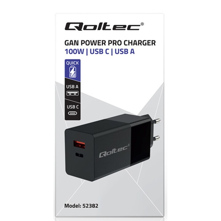 Qoltec GaN POWER PRO Ladegerät | 1xUSB-C | 1xUSB | 100W | 5-20V | 1,5-5A | XP | Schwarz