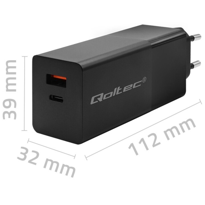 Qoltec GaN POWER PRO Ladegerät | 1xUSB-C | 1xUSB | 100W | 5-20V | 1,5-5A | XP | Schwarz