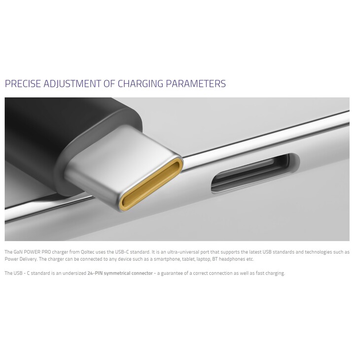 Qoltec 52387 Chargeur GaN POWER PRO | 1xUSB-C | 90W | 5-20V | 3-4,5A | Noir