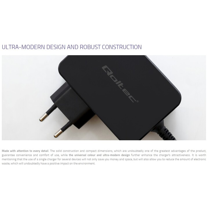 Qoltec 52387 Chargeur GaN POWER PRO | 1xUSB-C | 90W | 5-20V | 3-4,5A | Noir