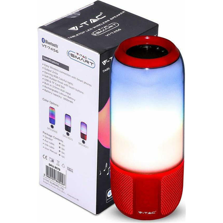 V-TAC Altavoz LED Inteligente Inalámbrico con Tecnología Bluetooth 2x3W USB Micro SD Rojo VT-7456