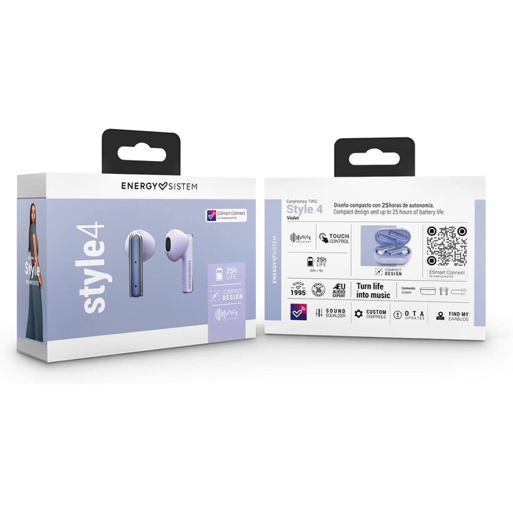 Energy Sistem Style 4 Violet True Auriculares Inalámbricos, Diseño Compacto, Aplicación ESmart Connect, Violeta