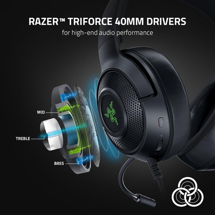 Razer Kraken V3 X USB, Auriculares para juegos con cable, controladores de 40 mm, micrófono cardioide HyperClear, negro