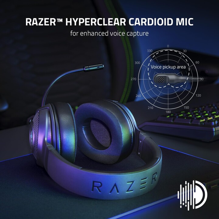 Razer Kraken V3 X USB, Auriculares para juegos con cable, controladores de 40 mm, micrófono cardioide HyperClear, negro