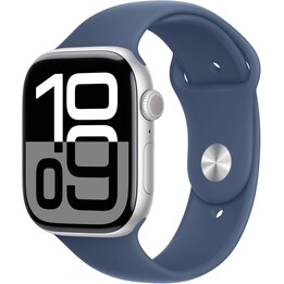 Apple Watch Series 10 GPS 46 mm Boîtier en aluminium argenté avec bracelet sport en denim Taille S/M
