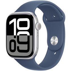 Apple Watch Series 10 GPS 46 mm silbernes Aluminiumgehäuse mit Denim-Sportarmband – Größe S/M
