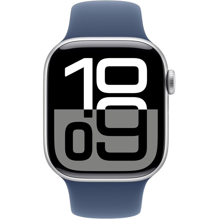 Apple Watch Series 10 GPS 46mm Silbernes Aluminiumgehäuse mit Denim Sport Band Größe S/M