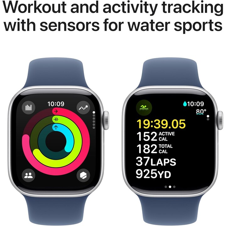 Apple Watch Series 10 GPS 46mm Silbernes Aluminiumgehäuse mit Denim Sport Band Größe S/M