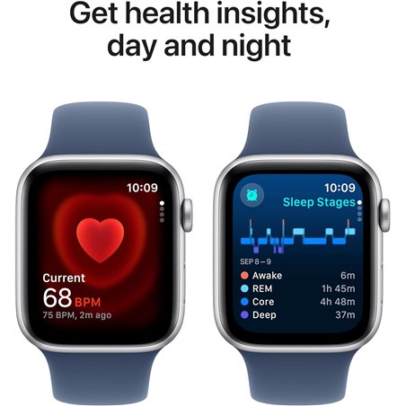Apple Watch SE 2024 GPS 44mm Silver Aluminum Case with Denim Blue Sport Band - Size M/L