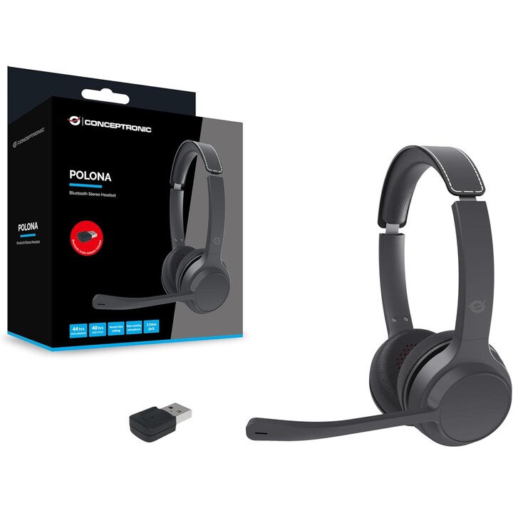 Conceptronic POLONA04BA - Auriculares Estéreo Bluetooth con Adaptador de Audio USB, Micrófono con Cancelación de Ruido