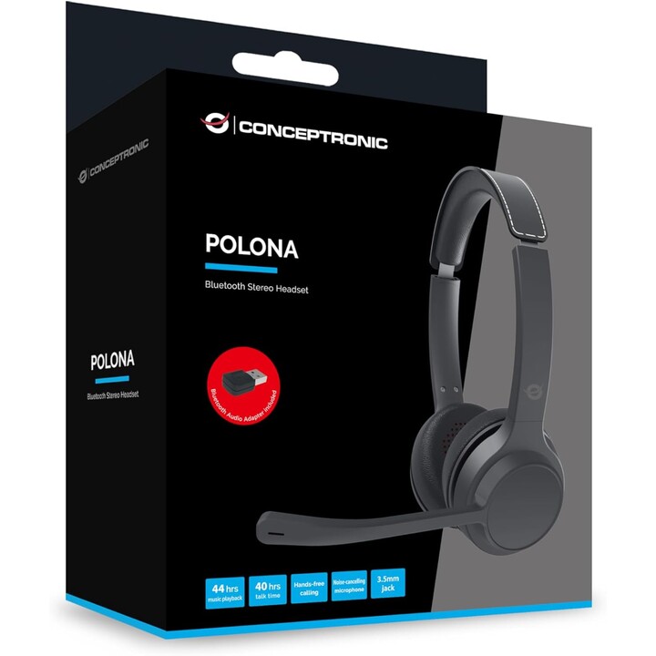 Conceptronic POLONA04BA – Bluetooth-Stereo-Headset mit USB-Audio-Adapter, Mikrofon mit Geräuschunterdrückung