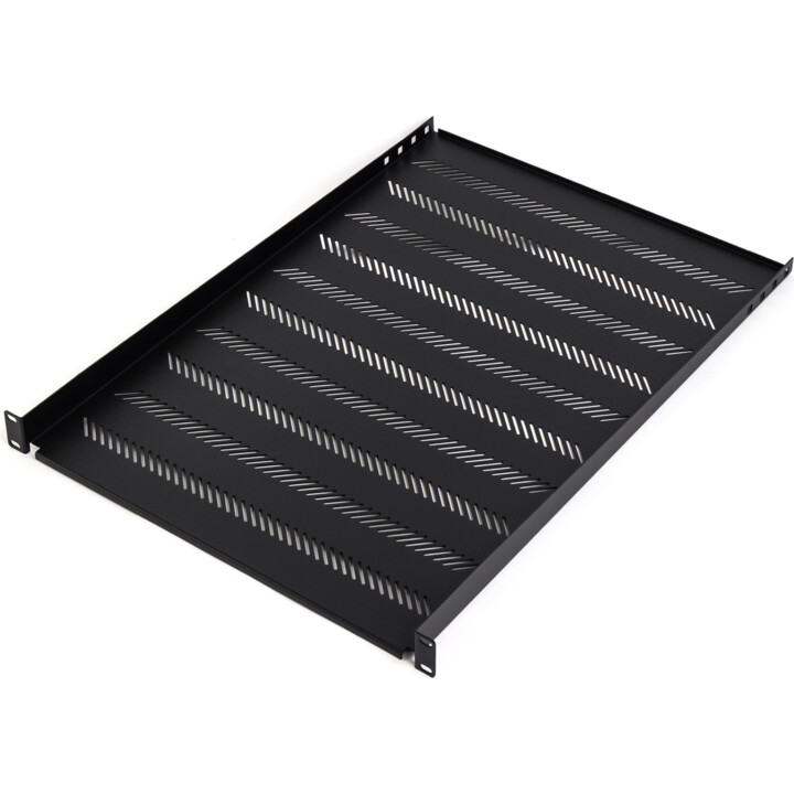 Prateleira fixa 19", 1U, profundidade 550 mm, capacidade de carga 25 kg, montagem em 4 pontos, preta, parafusos e suporte e