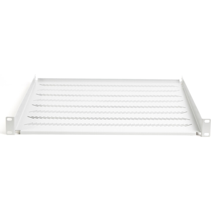 Prateleira fixa 19", 1U, profundidade 550 mm, capacidade de carga 25 kg, montagem em 4 pontos, cinza, parafusos e suporte e