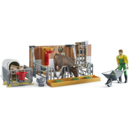 Nuovo fienile con mucca, vitello, statuetta di contadino e altri accessori BRUDER