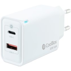 CoolBox Cargador USB C + USB A 45W con Tecnología GAN, QuickCharge 3.0 + PowerDelivery, Formato Ultra Compacto, Blanco