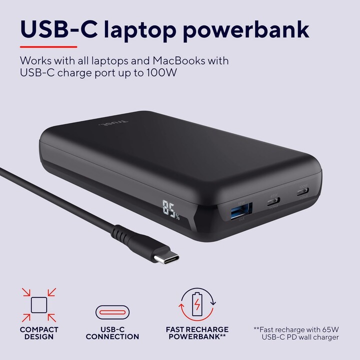 Batterie Externe/Powerbank Trust Laro 20000mAh/ 100W/ Compatible avec Ordinateurs Portables