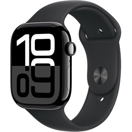 Apple Watch Series 10 GPS Cellular 46 mm tiefschwarzes Aluminiumgehäuse mit schwarzem Sportarmband – Größe M/L