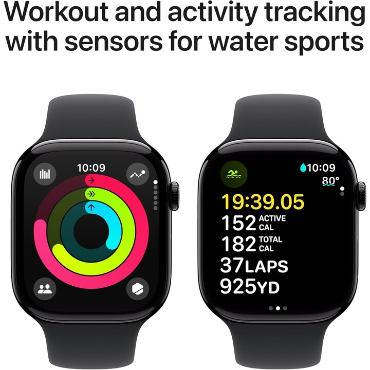Apple Watch Series 10 GPS Cellular 46 mm Caja de aluminio en negro azabache y correa deportiva negra - Talla M/L