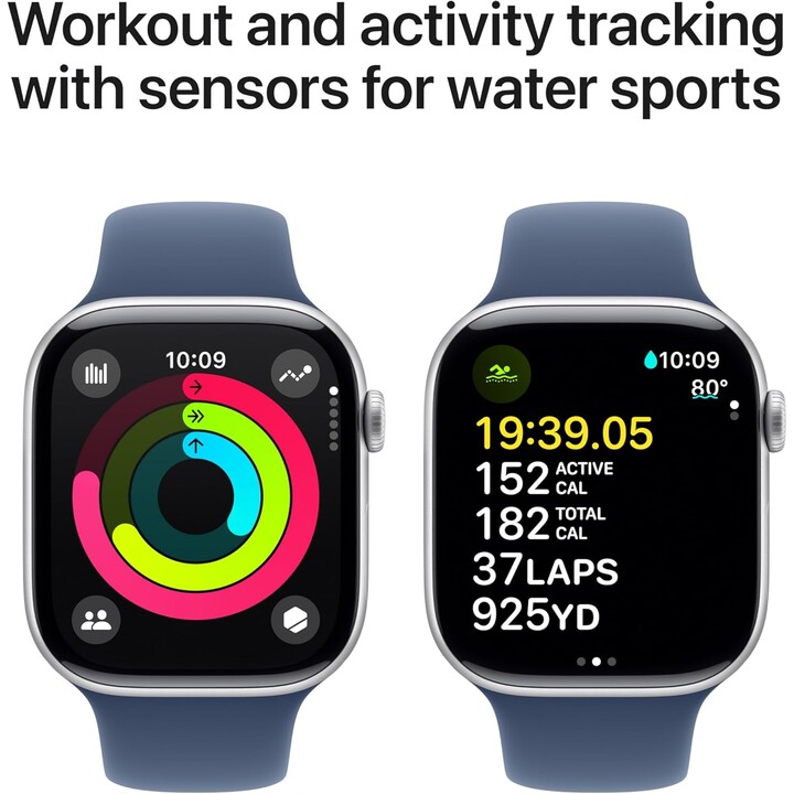 Apple Watch Series 10 GPS Celular 46mm Caixa de alumínio prateado com pulseira esportiva de denim Tamanho M/L