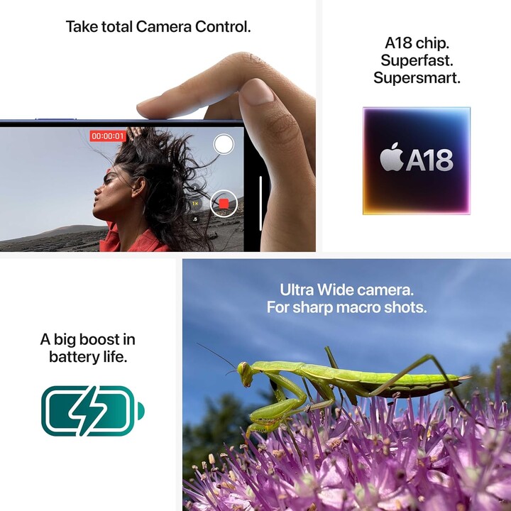 Apple iPhone 16 256GB, teléfono móvil 5G con Apple Intelligence, control de cámara, chip A18, Azul Ultramarino