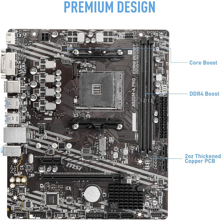Carte mère MSI A520M-A PRO mATX – Prend en charge les processeurs AMD Ryzen 3e génération, AM4, DDR4 Boost (4 600 MHz/OC)