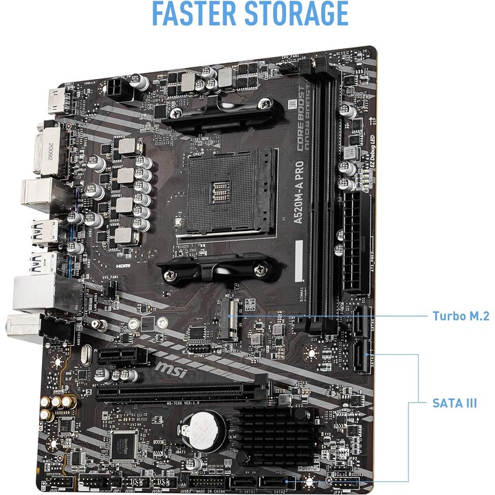 Carte mère MSI A520M-A PRO mATX – Prend en charge les processeurs AMD Ryzen 3e génération, AM4, DDR4 Boost (4 600 MHz/OC)