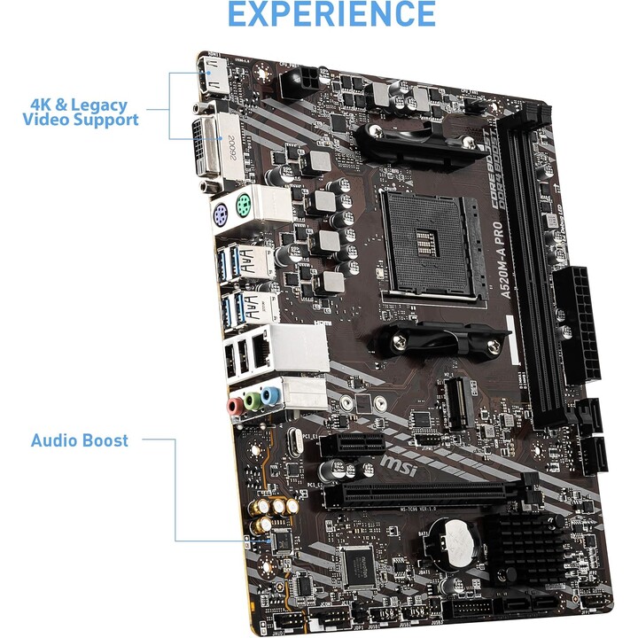 MSI A520M-A PRO Motherboard mATX – Unterstützt AMD Ryzen Prozessoren der 3. Generation, AM4, DDR4 Boost (4600 MHz/OC)