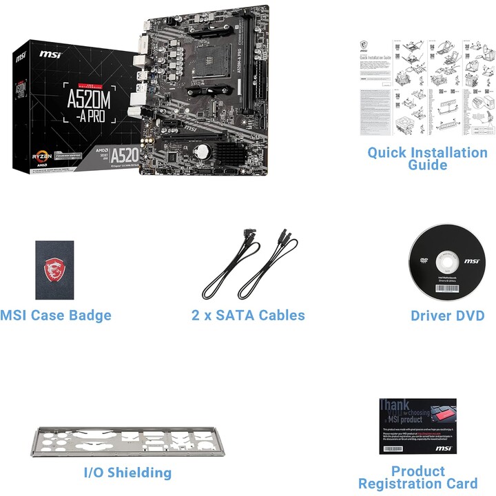 Carte mère MSI A520M-A PRO mATX – Prend en charge les processeurs AMD Ryzen 3e génération, AM4, DDR4 Boost (4 600 MHz/OC)