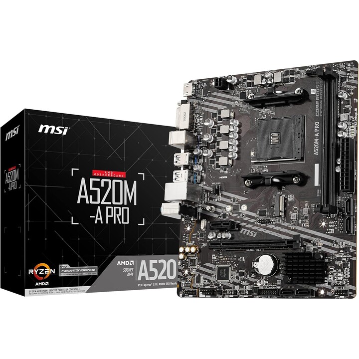 Carte mère MSI A520M-A PRO mATX – Prend en charge les processeurs AMD Ryzen 3e génération, AM4, DDR4 Boost (4 600 MHz/OC)