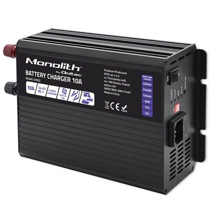 Qoltec Smart Monolith Batterieladegerät für LiFePO4 AGM GEL SLA-Batterien | 10A | 24V