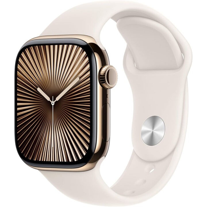 Apple Watch Series 10 GPS Cellular Cassa in titanio oro da 42 mm con cinturino sportivo Starlight - Taglia S/M