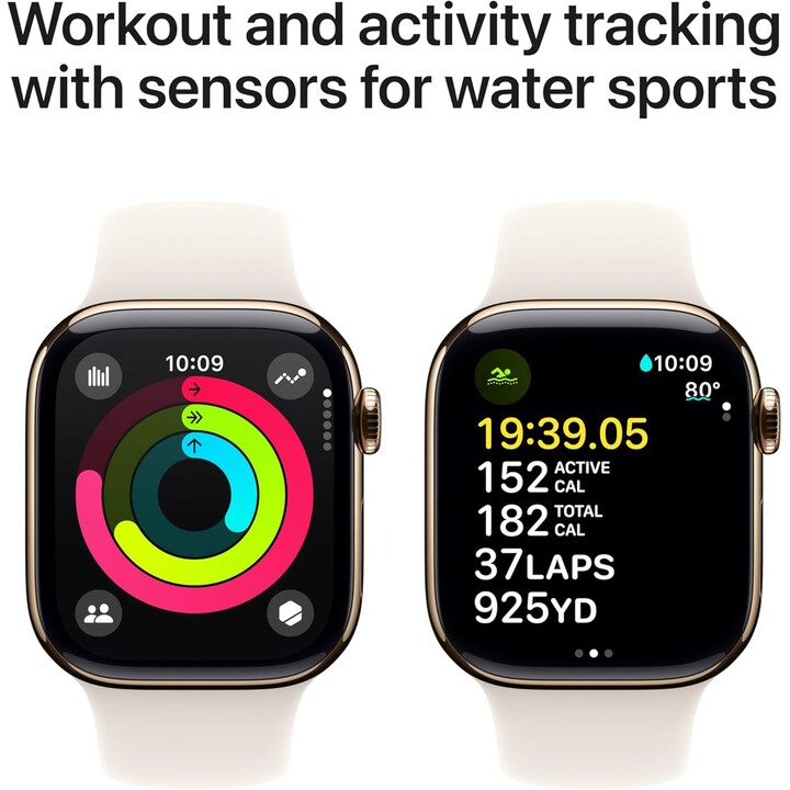 Apple Watch Series 10 GPS Cellular Cassa in titanio oro da 42 mm con cinturino sportivo Starlight - Taglia S/M