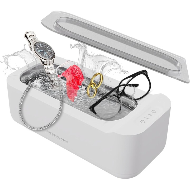 ProfiCare PC-USR 3120, Limpiador ultrasónico de alta frecuencia para joyas y gafas, Blanco
